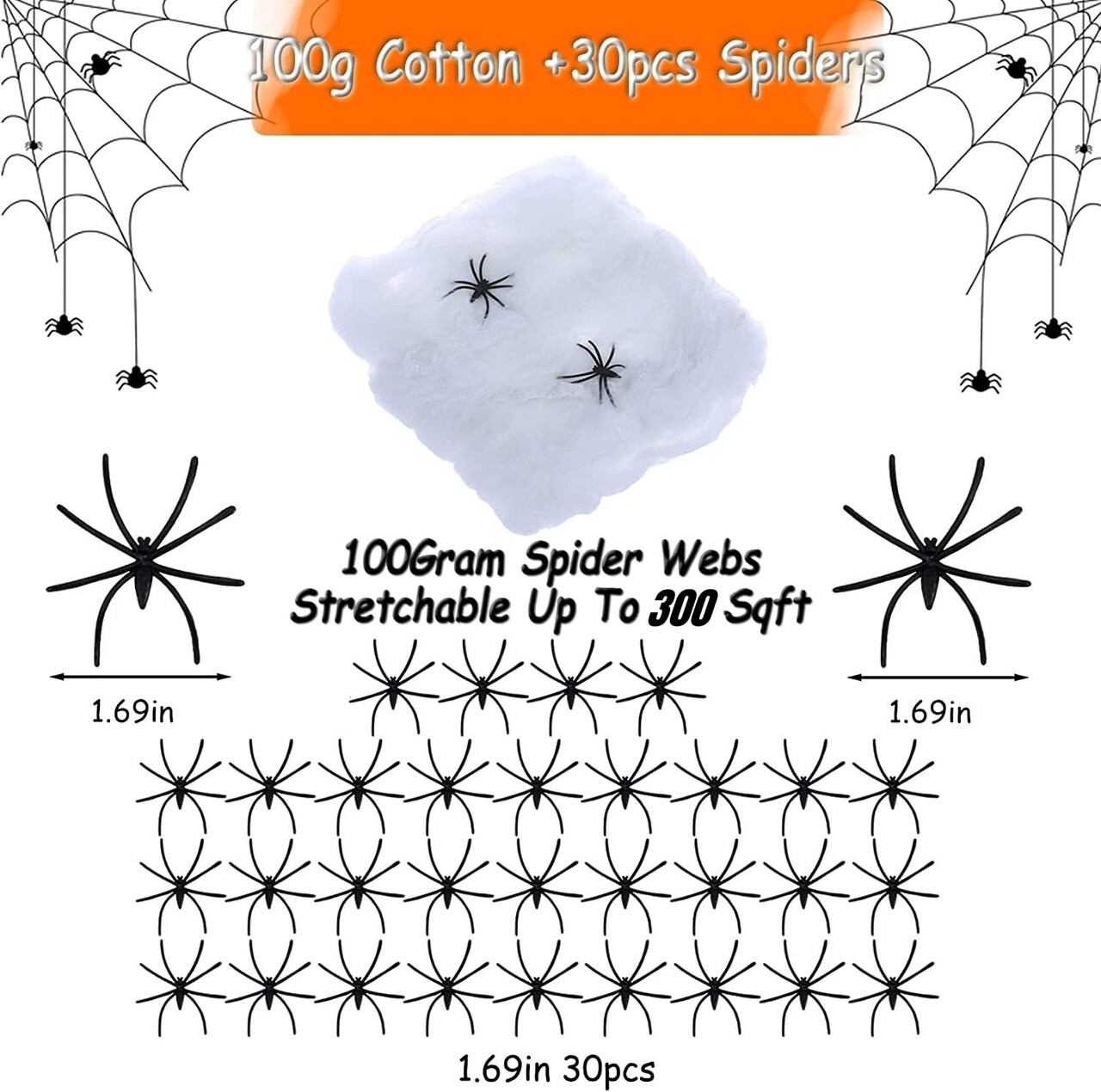 300 Sqft Spider Webs with 30 Fake Spiders,Stretchable DIY Cobwebs for Indoor/Outdoor Scary Atmosphere,Outside Garden Window Yard Tree home office Parties,Haunted Houses